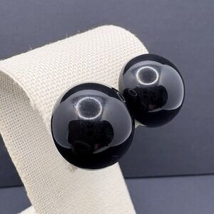 Vintage Joan Rivers Classics Black Lucite Button Dome Clip On Earrings Statement